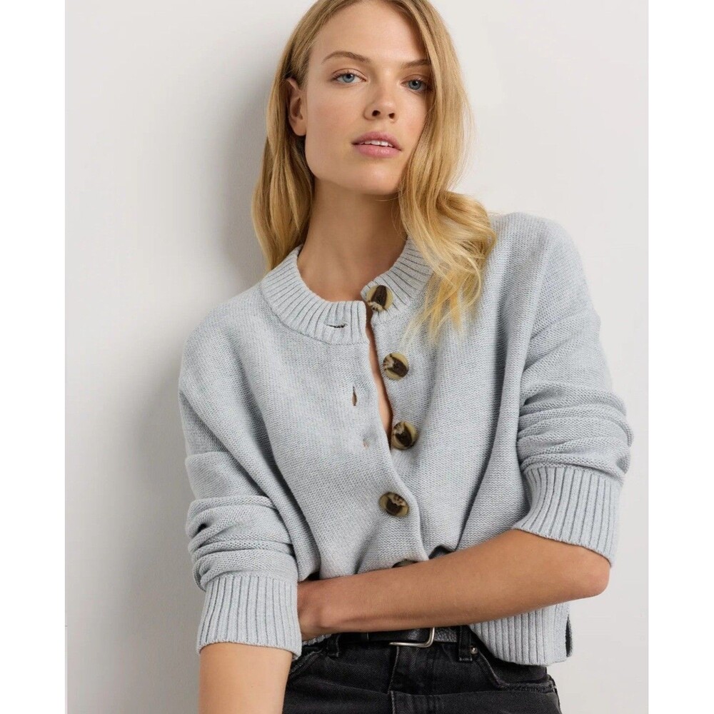 Quince Women 100% Organic Cotton Cropped Button Cardigan Gray Size XS - Picture 2 of 8